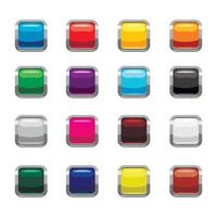 Conjunto de iconos de botones cuadrados en blanco, estilo de dibujos animados vector
