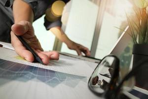 businessman hand working with new modern computer and business strategy documents with green plant and eye glasses foreground on wooden desk in office photo