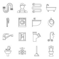 Plumbing icons set, outline style vector