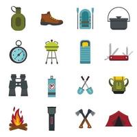 Camping equipment icons set, flat style vector