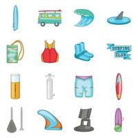 conjunto de iconos de surf, estilo de dibujos animados