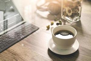 Coffee cup and Digital table dock smart keyboard,vase flower herbs,music headphone,eyeglasses on wooden table,filter effect photo