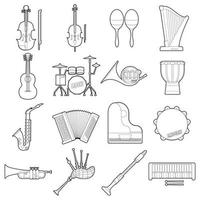 Musical instruments icons set, outline style vector