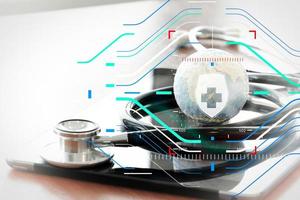 Studio macro of a stethoscope and texture globe with shallow DOF evenly matched abstract as medical network concept Elements of this image furnished by NASA photo