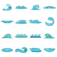 Waves icons set, cartoon style vector