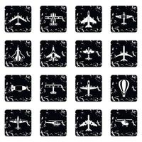 Air transport icons set, grunge style vector