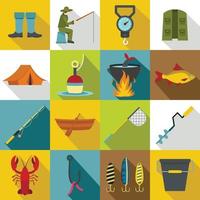 Fishing tools icons set, flat style vector