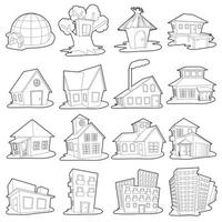 Houses icons set, outline cartoon style vector