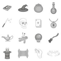 Magic icons set, black monochrome style vector