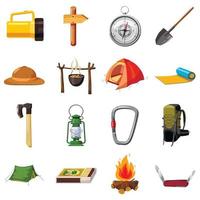 Camping items icons set, cartoon style vector