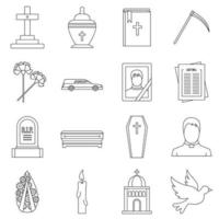 Funeral icons set, outline style vector