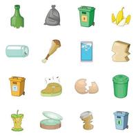 Garbage items icons set, cartoon style vector