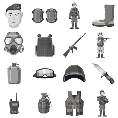 Military equipment icons set gray monochrome style