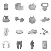 Fitness icons set, gray monochrome style vector