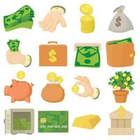 Kinds of money icons set, cartoon style vector