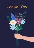 Thank You greeting card. Hand holding bouquet of flowers. Vector flat illustration. Thanks card with blossom bunch