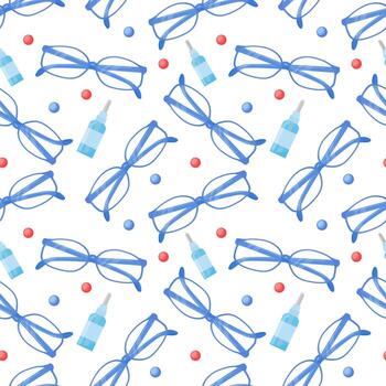 Optical seamless pattern. White background with eyeglasses, vitamins for eyesight and drops. Eyeware vector pattern