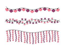 Valentines Day garlands set. Hanging hearts lights isolated. Valentine party decoration. Vector flat garlands collection in pink colors