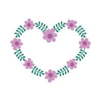 Floral frame heart shaped. Border with cute simple flowers and leaves. Vector flat illustration on white background