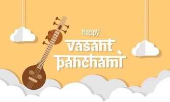 Vector illustration of Banner for Happy Vasant Panchami celebration. with clouds and Indian musical instruments in the background.
