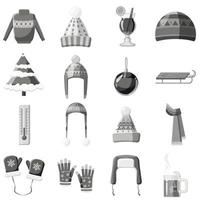 Winter clothes icons set, gray monochrome style vector