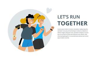 A guy and a girl are running. Active lifestyle. Running together. Vector flat illustration.