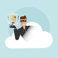 The thief peeks out of the compromised cloud storage, holding personal data and private photos. vector