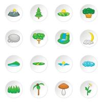 Nature landscape icons set, cartoon style vector