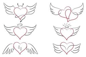 Collection of hand drawn hearts with wings vector