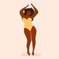 Plus size african american woman in swimsuit is dancing. Body positive, acceptance, feminism, fitness, sport concept. vector