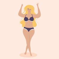 Plus size blond woman in swimsuit with arms up. Body positive, accepting and loving full figure concept. vector