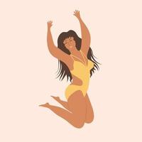 Plus size woman in swimsuit is jumping. Body positive, acceptance, feminism, fitness, sport concept. vector