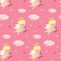 Seamless pattern with cupid baby, clouds, hearts and stars on pink background. vector