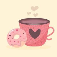 Coffee cup with heart and sweet donut. Morning breakfast. vector