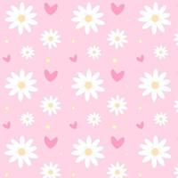 Seamless pattern with chamomiles, hearts and dots on pink background. Great for textile, fabric prints, wrapping paper. vector