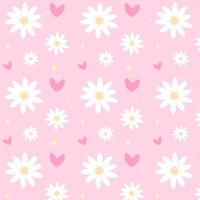 Seamless pattern with chamomiles, hearts and dots on pink background. Great for textile, fabric prints, wrapping paper. vector