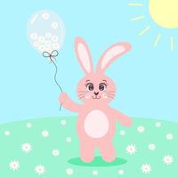 Cute pink bunny with big eyes holding a balloon full of chamomiles. Easter, spring, summer concept. Cartoon rabbit on the meadow. vector