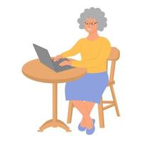 Happy grandmother with a laptop sitting at the table. Elderly people use technology, computers. vector