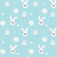 patrón impecable con cabeza de conejo, globo y chamomiles sobre fondo azul. ideal para textiles, estampados de tela, papel de regalo. vector