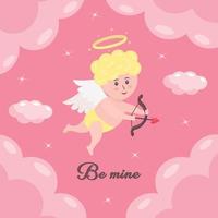 Cute cupid baby with heart arrow, bow and halo. Cherub character with angel wings is flying among clouds and stars. vector