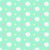 Seamless pattern with chamomiles, hearts and stars on green background. Great for textile, fabric prints, wrapping paper. vector