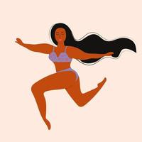 Plus size african american woman in swimsuit is jumping. Body positive, acceptance, feminism, fitness, sport concept.