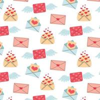 Seamless pattern with love envelopes, letters, hearts, wings. Romantic background. Valentines day mail. vector