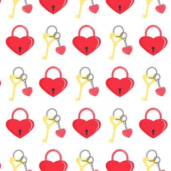 Seamless pattern with heart lock and golden key with heart-shaped keychain. vector