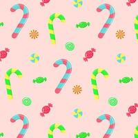 Seamless pattern with candy canes, swirl caramels and wrapped candies. vector