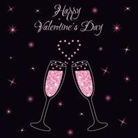 Two sparkling glasses of champagne with pink glitter and heart-shaped splash. Valentine's day greeting card. vector