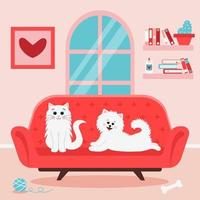 lindo gato blanco y perro spitz en el sofá. mascotas esponjosas en la sala de estar. aceptación, amor por los animales domésticos, amistad con mascotas, acogedor interior doméstico. vector