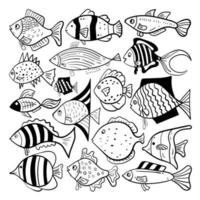 conjunto de doodle de vector de pescado dibujado a mano. vector premium de ilustración de pescado