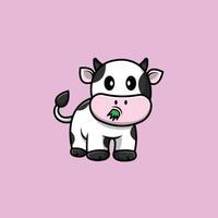 Cute Cow Eating Grass Cartoon Vector Icon Illustration. Animal Food Icon Concept Isolated Premium Vector. Flat Cartoon Style