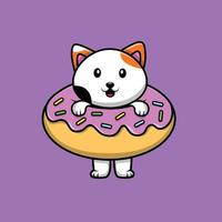 lindo gato en la ilustración de icono de vector de dibujos animados de donut. concepto de icono de comida animal vector premium aislado. estilo de dibujos animados plana